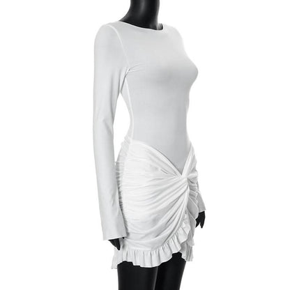 Long sleeve crewneck ruched mini dress