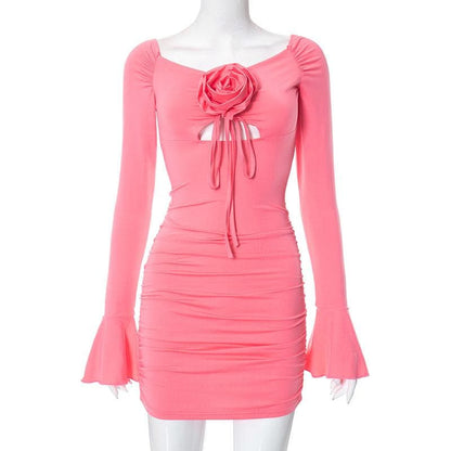 Flower applique hollow out ruched long flared sleeve cut out mini dress