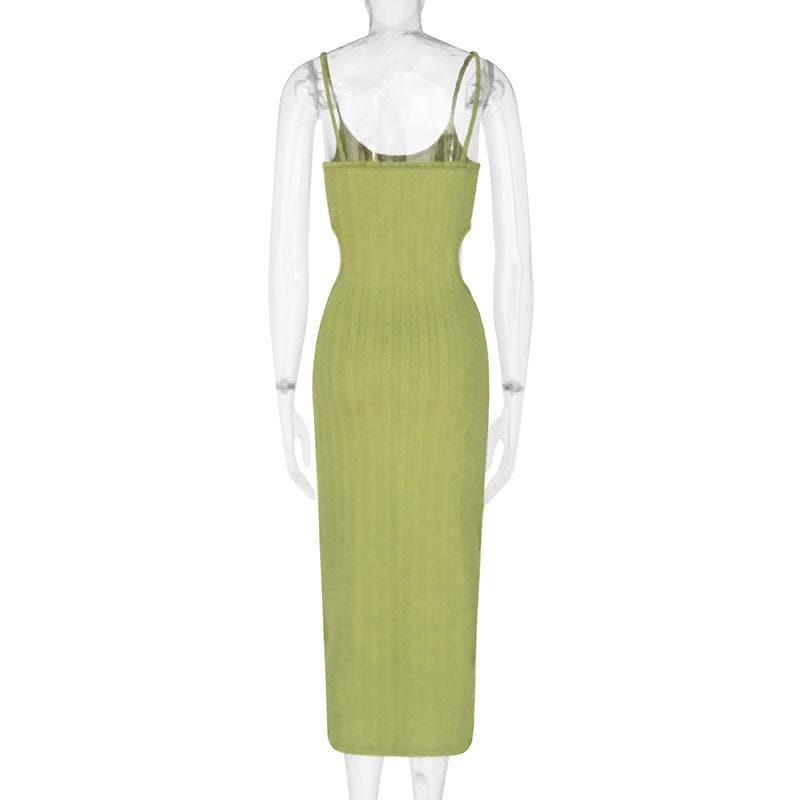 Scoop Neck Spaghetti Strap Textured Rib Knit Waist Cutout Bodycon Midi Dress