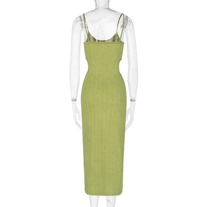 Scoop Neck Spaghetti Strap Textured Rib Knit Waist Cutout Bodycon Midi Dress