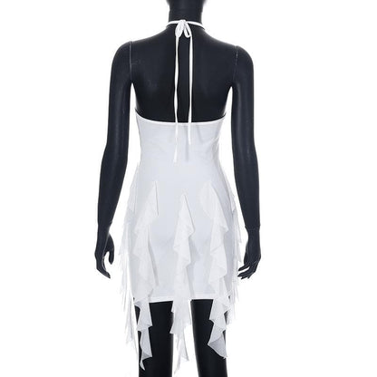 Ruffle halter solid cross front backless self tie mini dress