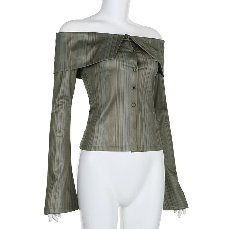 Striped off shoulder contrast long flared sleeve button top