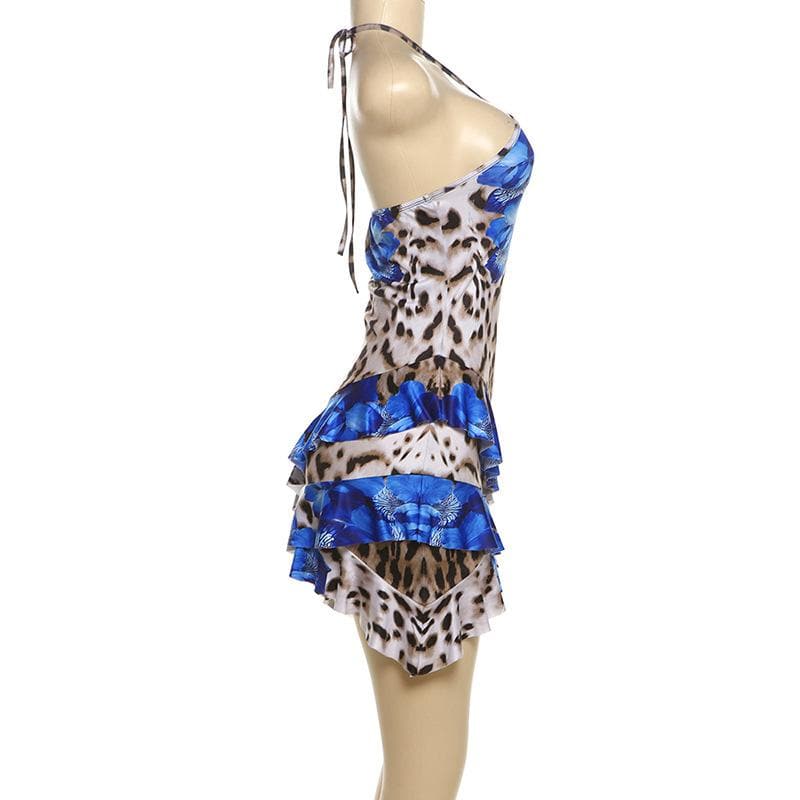 Halter leopard print ruffle backless mini dress