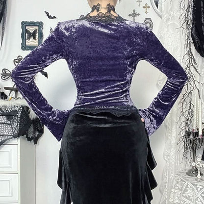 Long sleeve lace hem velvet v neck contrast top