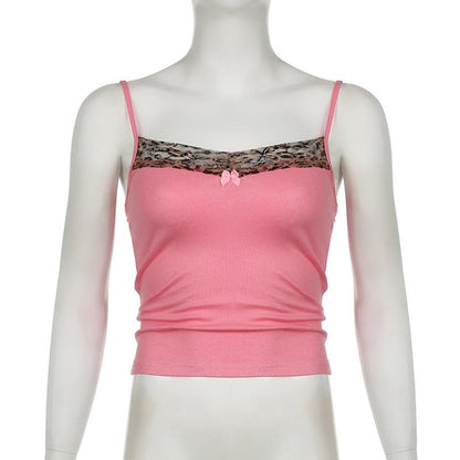 Lace hem bowknot backless contrast cami top