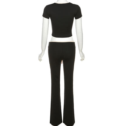 Contrast self tie v neck short sleeve low rise pant set