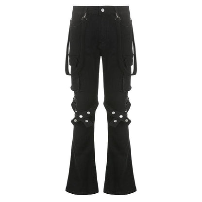 Button cargo pocket ribbon low rise solid jeans