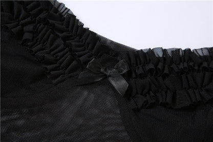 Ruffle v neck mesh patchwork solid cap sleeve backless top