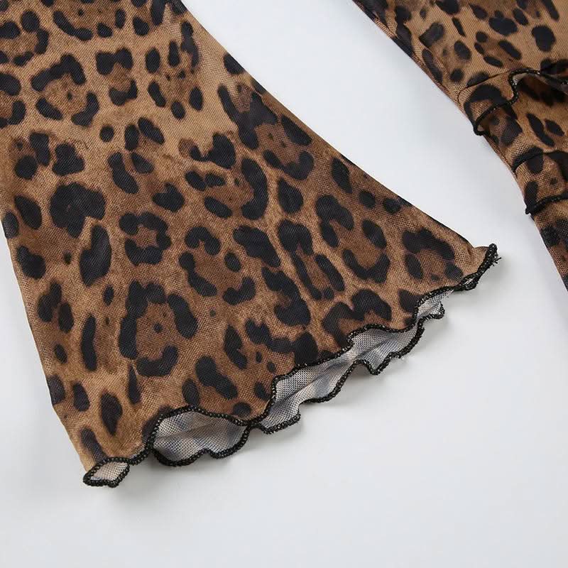 Leopard print long flared sleeve mesh ruffle self tie top
