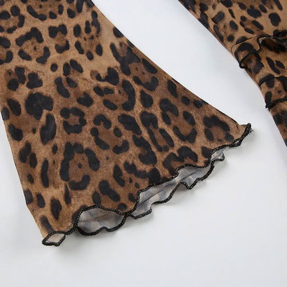 Leopard print long flared sleeve mesh ruffle self tie top