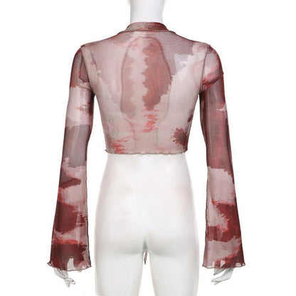Sheer mesh see through long sleeve tie dye ruffle self tie crop top