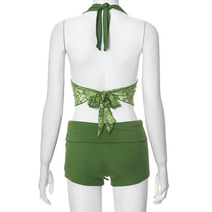 Halter lace hem drawstring ribbed crop pant set