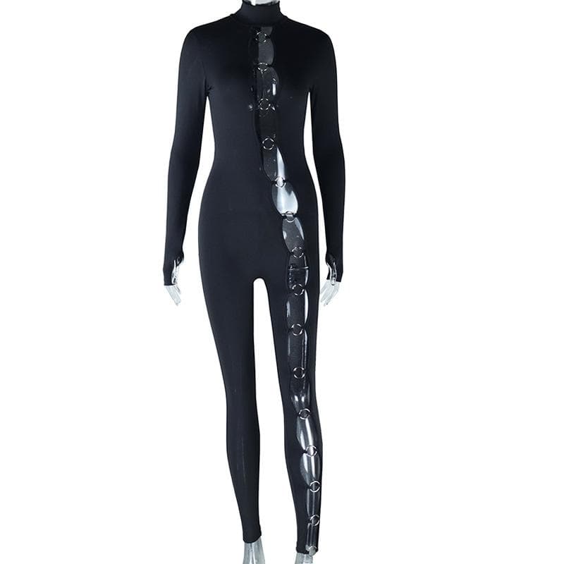 Long sleeve high neck o ring irregular jumpsuit