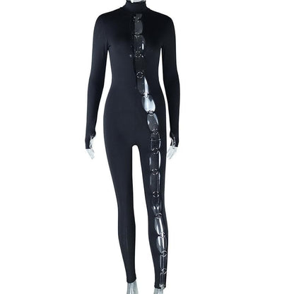 Long sleeve high neck o ring irregular jumpsuit