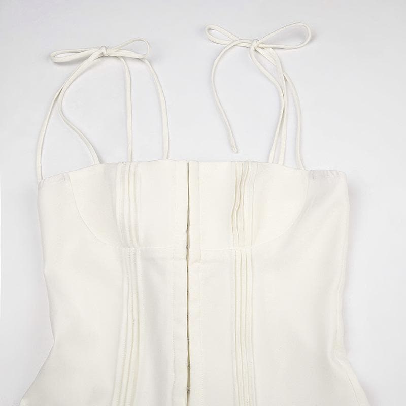 Corset Hook-Front Tie Shoulder Pleated Skirt Mini Dress