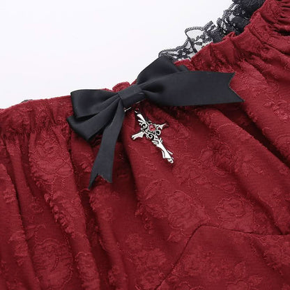 Off shoulder short sleeve lace hem ruffle bowknot mini dress