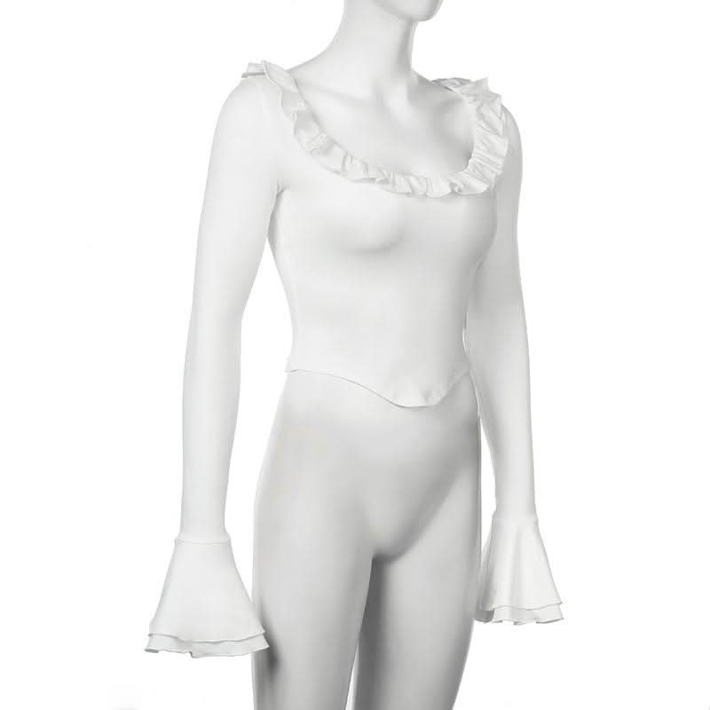 Long flared sleeve crewneck ruffle solid top