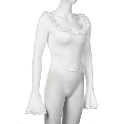 Long flared sleeve crewneck ruffle solid top