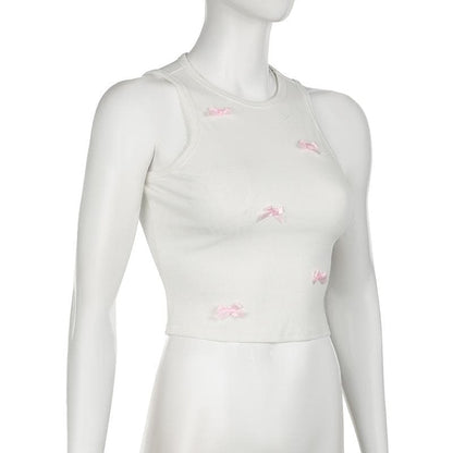 Crewneck bowknot ribbed sleeveless tank top