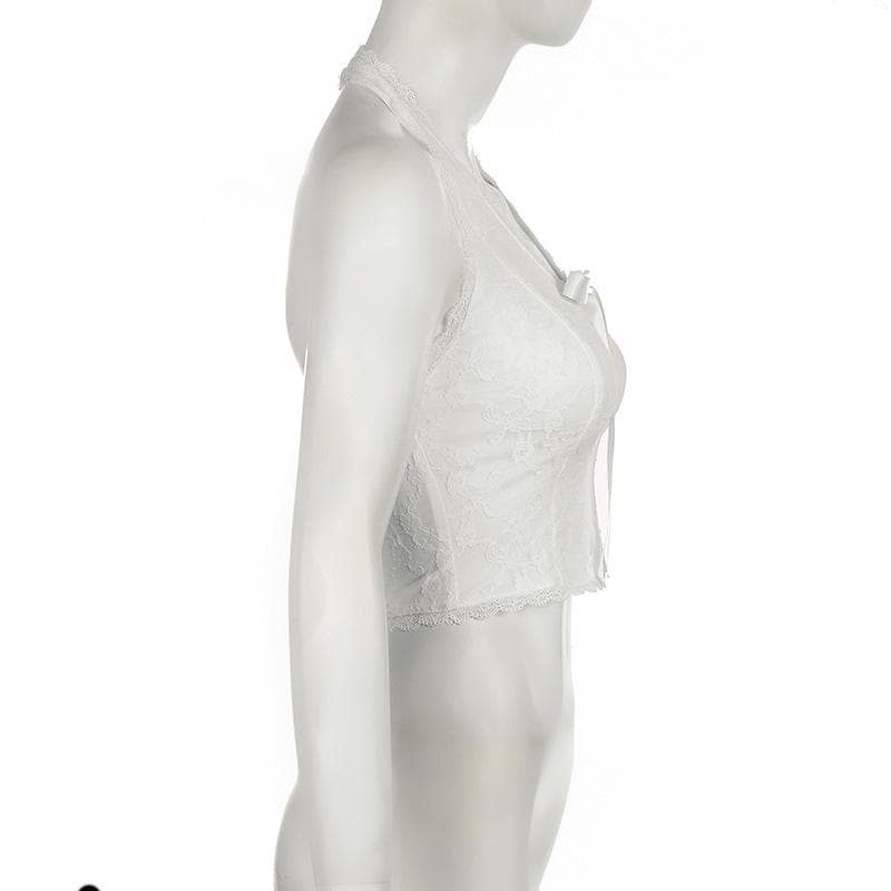 Halter bowknot ribbon lace backless top