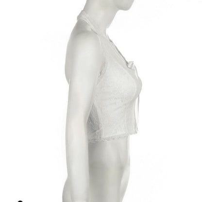 Halter bowknot ribbon lace backless top