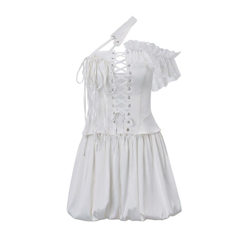 One off shoulder irregular lace up satin ruffle puff skirt set