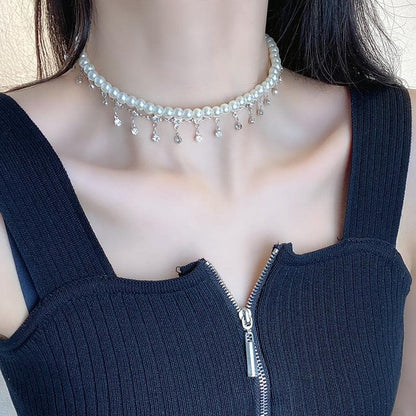 Faux pearl layered tassels choker necklace