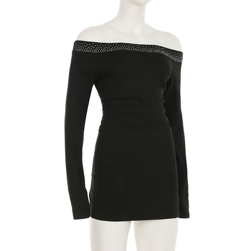 Off shoulder long sleeve beaded ruched mini dress