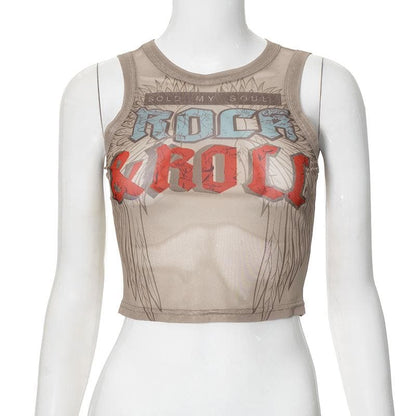 Sheer mesh letter print crewneck tank top