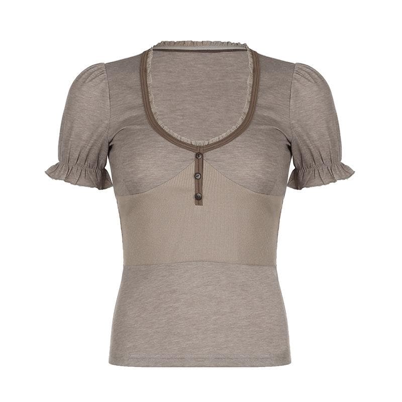 Short puff sleeve button stitch ruffle ribbed top