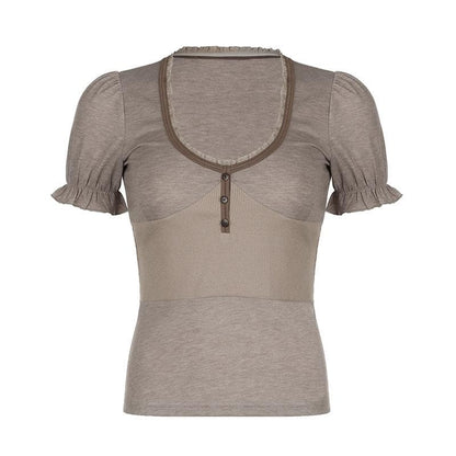 Short puff sleeve button stitch ruffle ribbed top