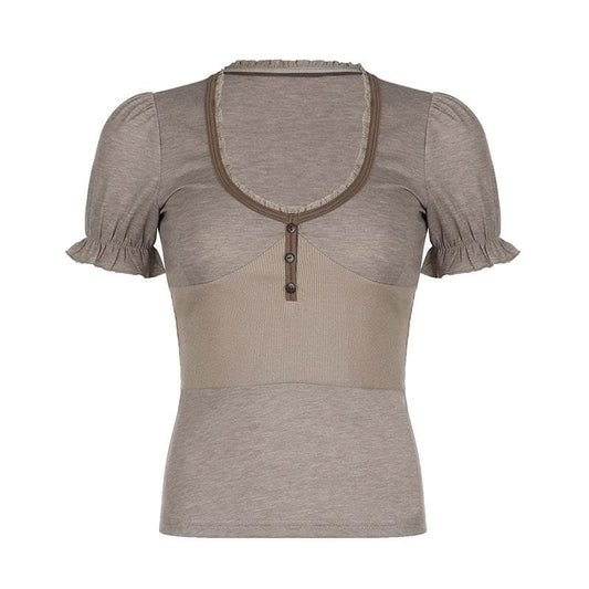 Short puff sleeve button stitch ruffle ribbed top