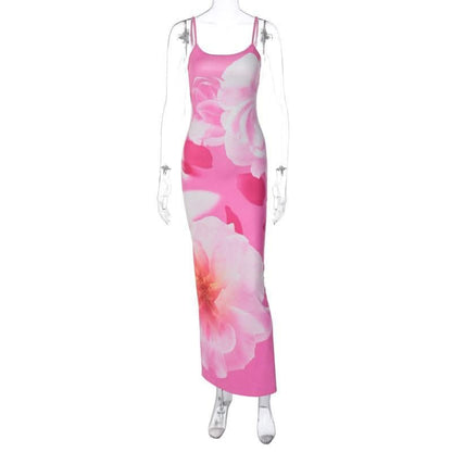 Flower print contrast u neck backless slit cami maxi dress-final-sale