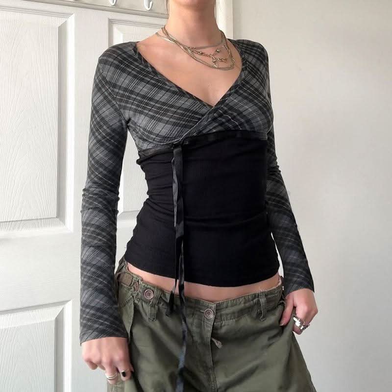 Long sleeve striped print v neck bowknot ribbon top