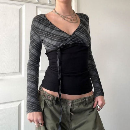 Long sleeve striped print v neck bowknot ribbon top