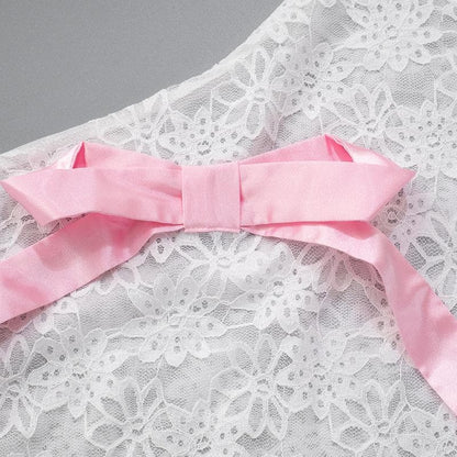 Long flared sleeve bowknot one shoulder lace top