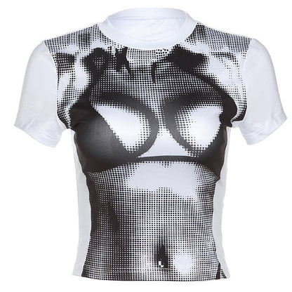 Short sleeve crewneck body print crop top