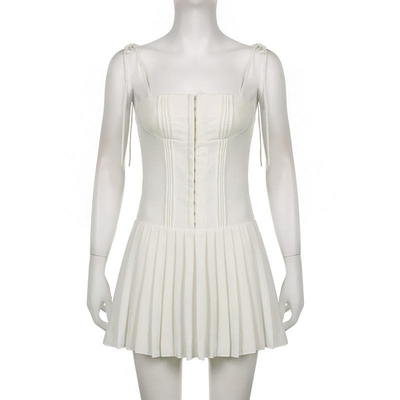 Corset Hook-Front Tie Shoulder Pleated Skirt Mini Dress
