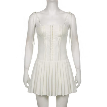 Corset Hook-Front Tie Shoulder Pleated Skirt Mini Dress