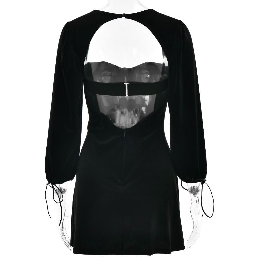 Long sleeve sweetheart neck velvet hollow out cut out mini dress
