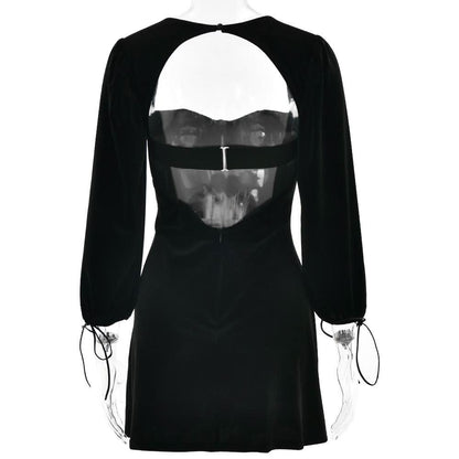 Long sleeve sweetheart neck velvet hollow out cut out mini dress