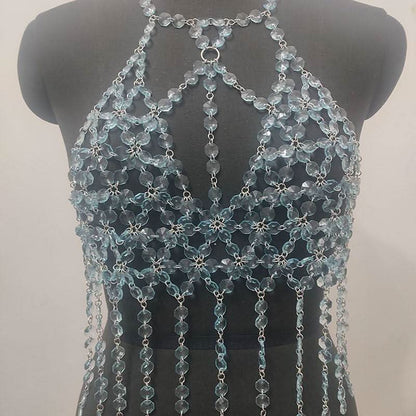 Halter o ring hollow out crystal tassels cut out top