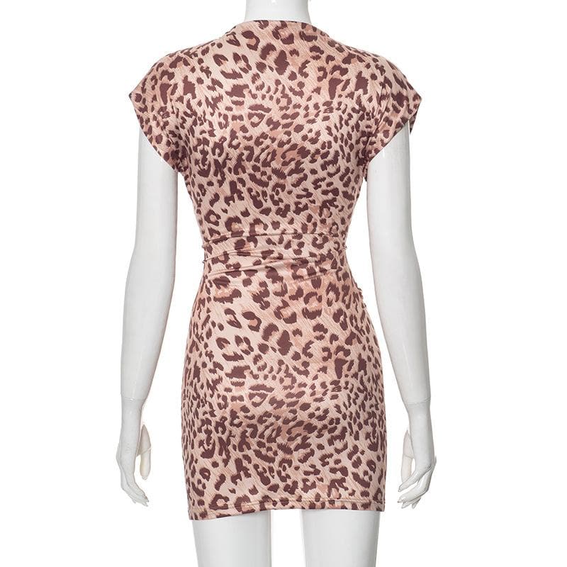 Short sleeve leopard print ruched mini dress