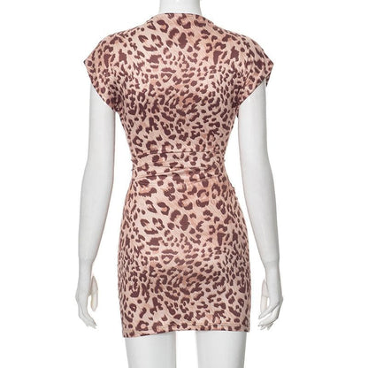 Short sleeve leopard print ruched mini dress