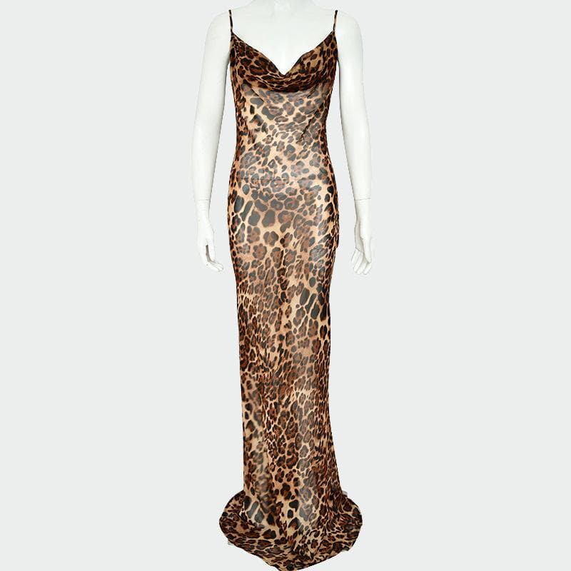 Leopard print cowl neck sheer mesh cami maxi dress