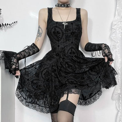 Lace hem ruched square neck print mini dress