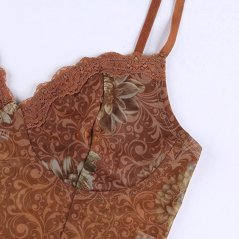 Sheer mesh hem lace print v neck crop cami top