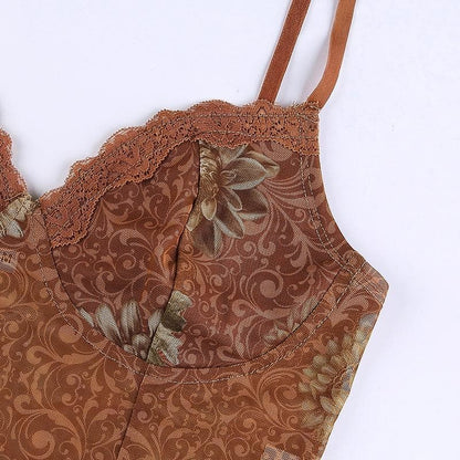 Sheer mesh hem lace print v neck crop cami top