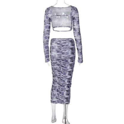 Contrast print long sleeve backless hollow out ruched cut out midi skirt set-final-sale