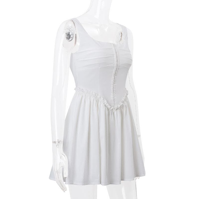 Button ruffle square neck ruched bustier tank mini dress